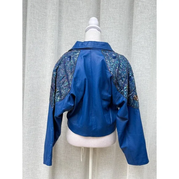 1990 bright blue with sequins and beads leather jacket - Picture 3 of 9